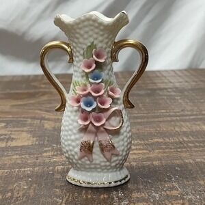 Vintage Miniature Hobnail Vase White Porcelain w/ Handles Pastel Pink blue gold